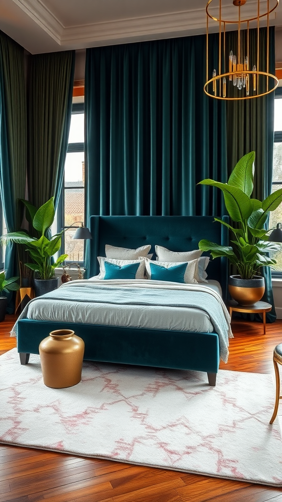 A modern bohemian bedroom featuring a teal velvet bed, decorative pillows, tall plants, and gold accents.