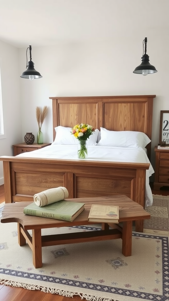 A cozy Boho Modern Farmhouse bedroom featuring a wooden bed, white bedding, a coffee table with books, and pendant lights.