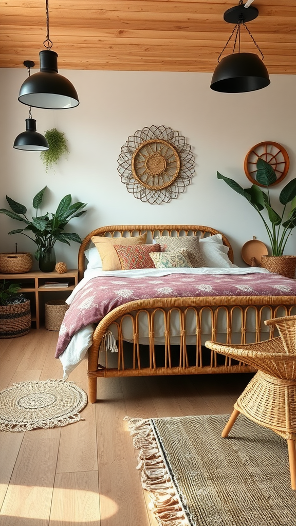 A cozy boho modern rustic bedroom featuring a rattan bed, plants, and warm decor.