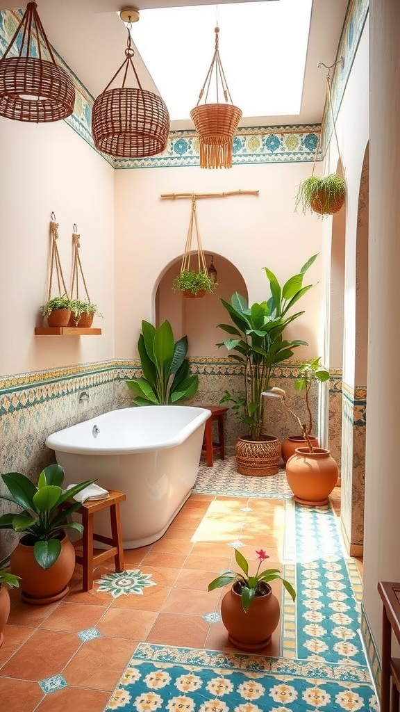 A bright and inviting Moroccan-inspired bathroom featuring a freestanding bathtub, colorful tiles, and lush plants.