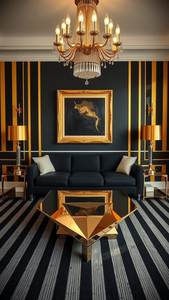 A stylish living room featuring bold black and gold Art Deco stripes on the walls, a black sofa, gold accents, and geometric furniture.