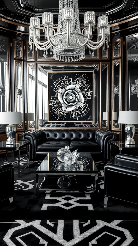 Art Deco living room with black leather furniture and a crystal chandelier