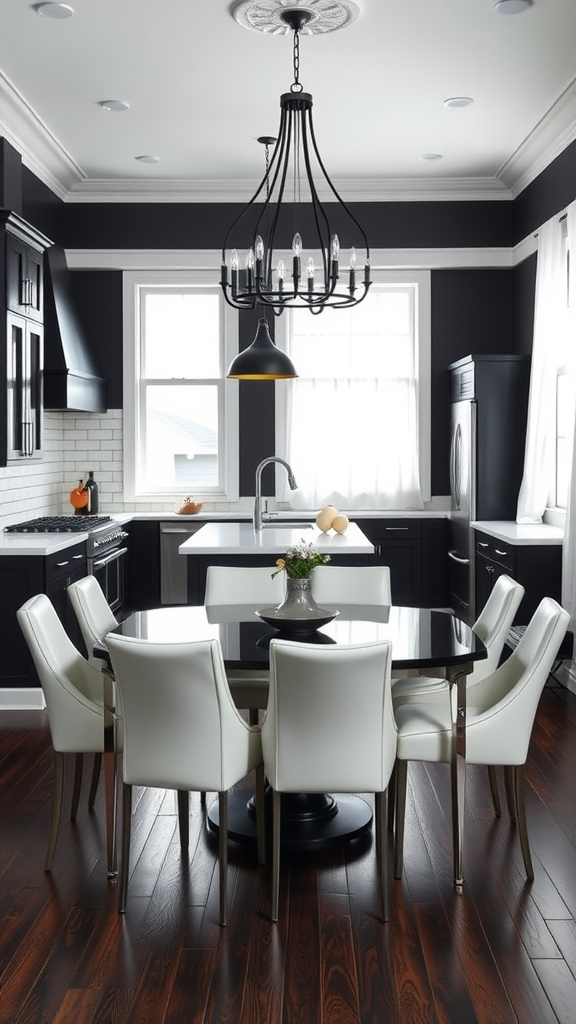 A modern black and white kitchen and dining area featuring a round dining table, white chairs, and elegant lighting.