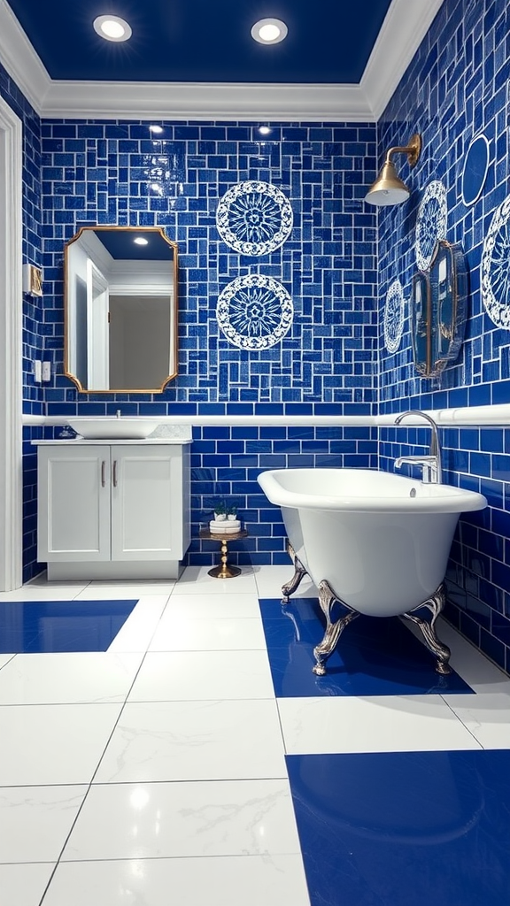 Art Deco bathroom featuring bold blue and white tiles, a freestanding bathtub, and decorative wall accents.