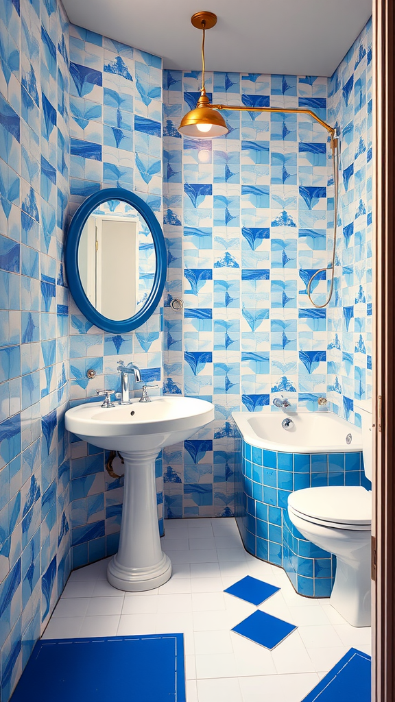 A 70s style bathroom featuring bold blue and white tiles on the walls and floor, a round blue mirror, a pedestal sink, and a curved bathtub.