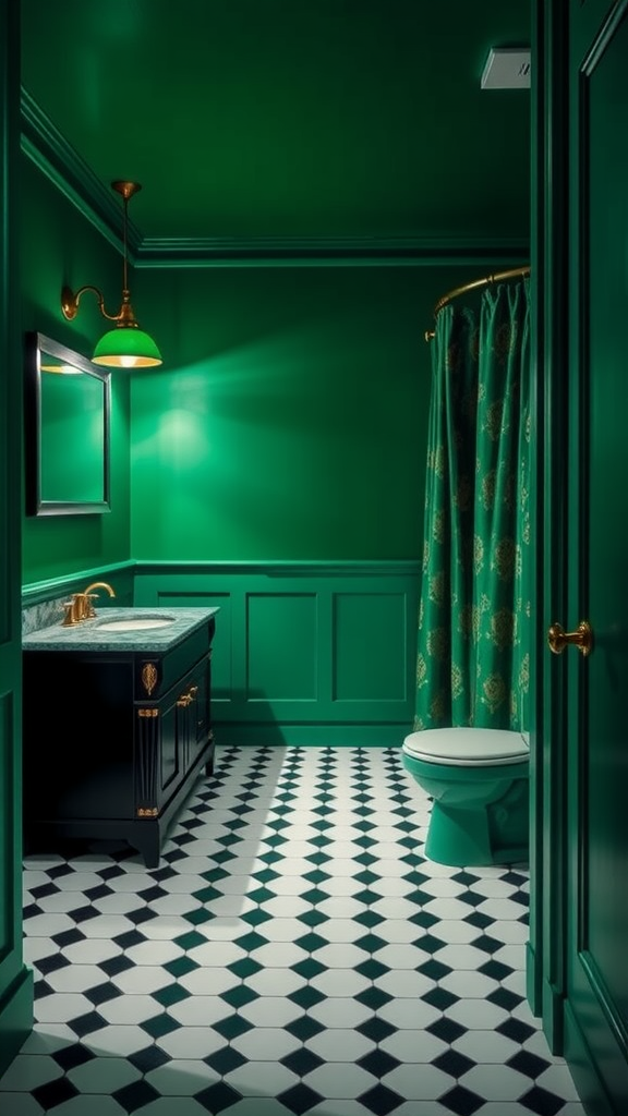 A bathroom with emerald green walls, black and white tiled floor, and elegant fixtures.