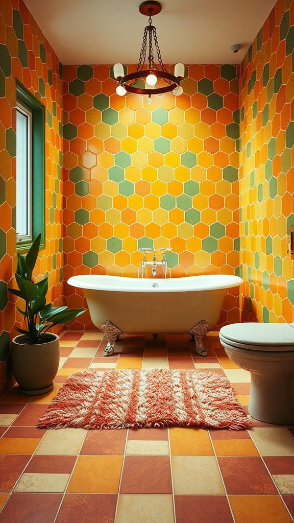 A bright bathroom with hexagonal tiles in orange and green, featuring a freestanding bathtub and a stylish rug.