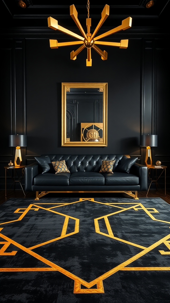 A bold Art Deco living room featuring black walls, a gold chandelier, and a geometric rug.