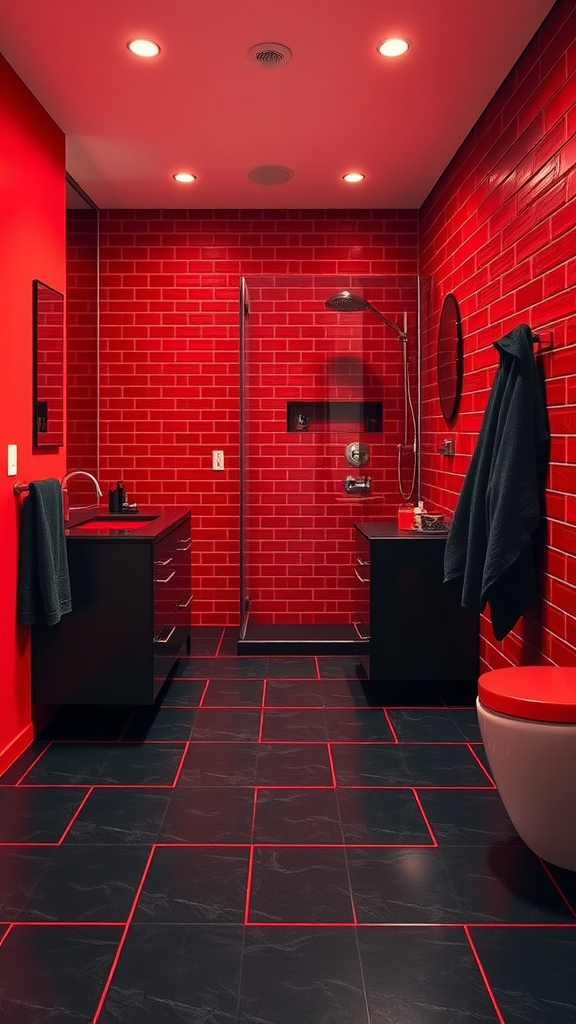 Modern bathroom with bold red walls and black fixtures