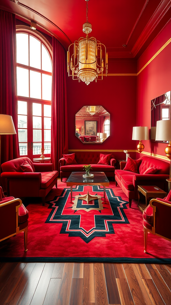 Art Deco living room with bold red walls, gold accents, plush red furniture, and a chandelier.