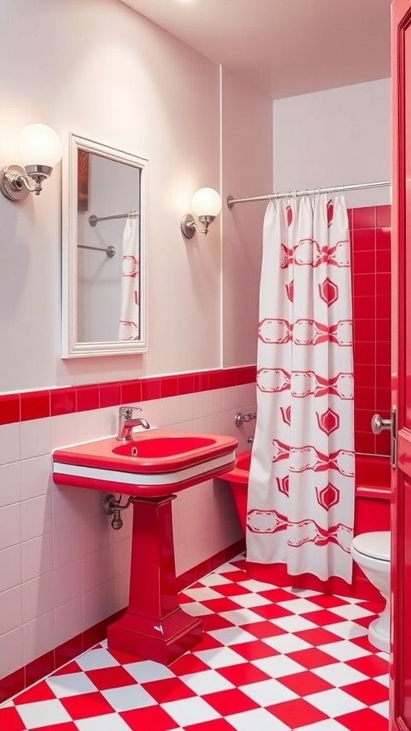 A 70s bathroom featuring bold red and white decor with a checkered floor, red sink, and patterned shower curtain.