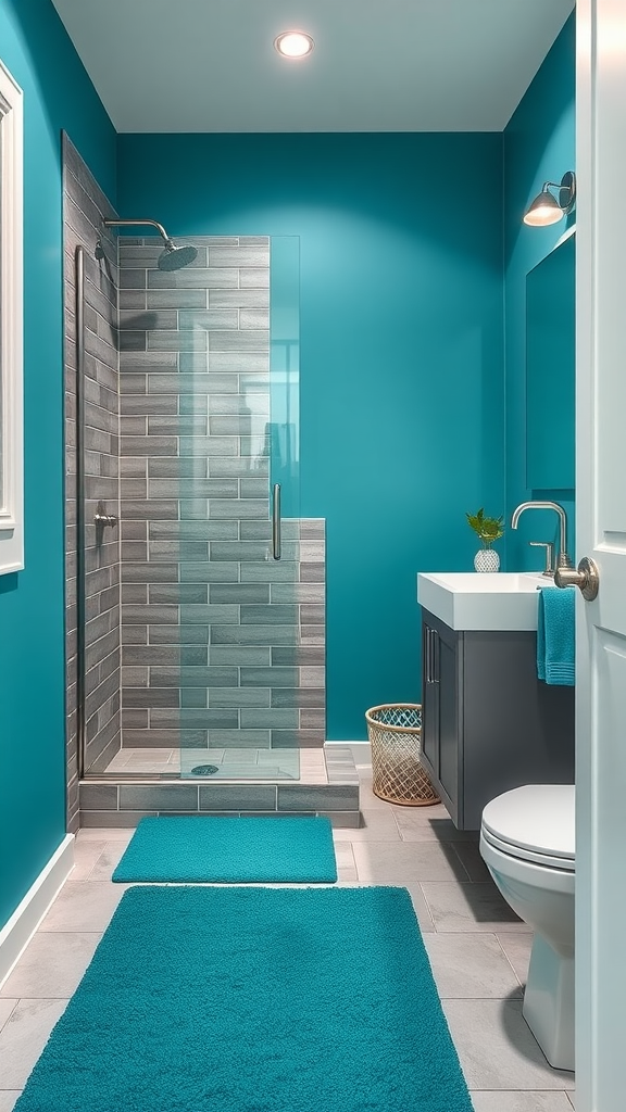 Small bathroom featuring bold teal walls and gray accents, showcasing a modern design.