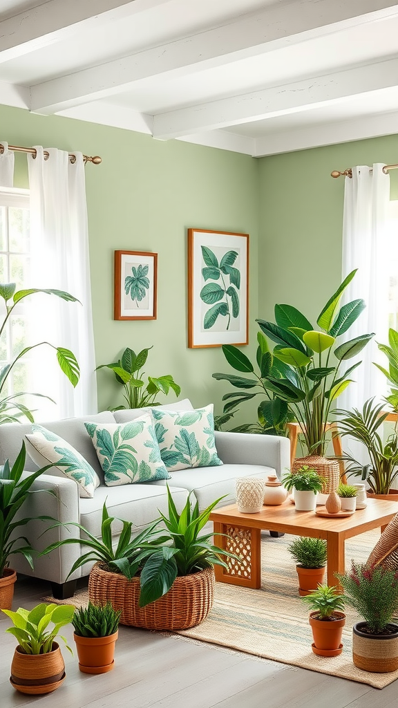 A cozy living room with green walls, a gray sofa with leaf-patterned cushions, and various potted plants.