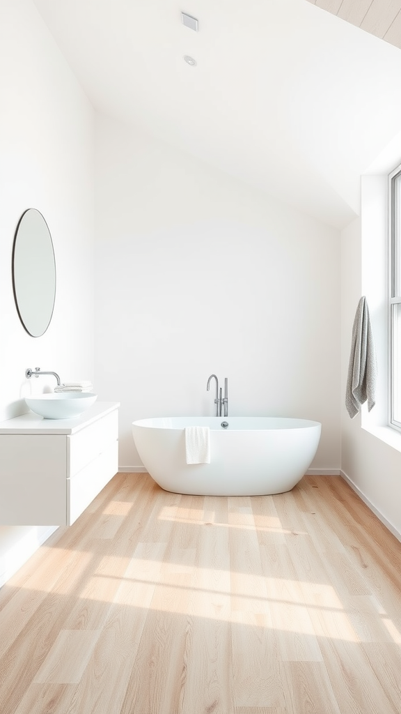 A minimalist bathroom with a bathtub, sink, and large window, showcasing a bright and airy loft style.