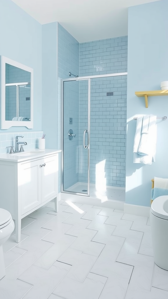 Bright sky blue bathroom with white accents and modern fixtures