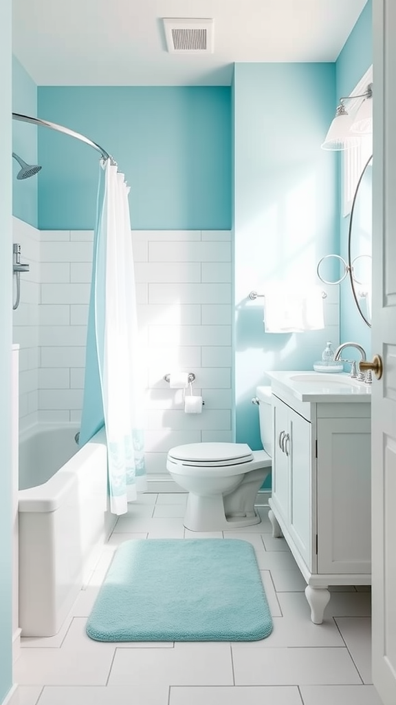 A small bathroom featuring bright sky blue walls, white tiles, and fixtures, creating a fresh and airy atmosphere.