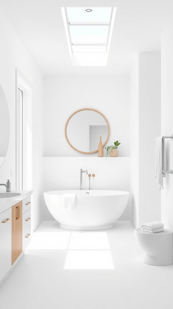 A bright white Scandinavian-style bathroom featuring a freestanding tub, round mirror, and wooden accents.