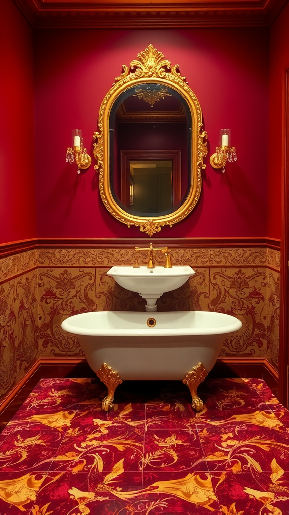 A luxurious bathroom featuring burgundy walls, gold accents, and a vintage-style bathtub.