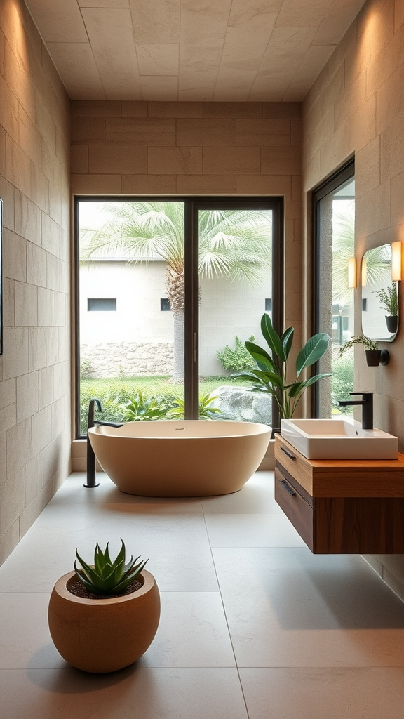 A calming bathroom retreat featuring sandstone walls, a freestanding tub, and natural light from large windows.