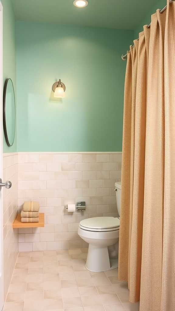 A small bathroom featuring seafoam green walls, beige tiles, and a shower curtain.