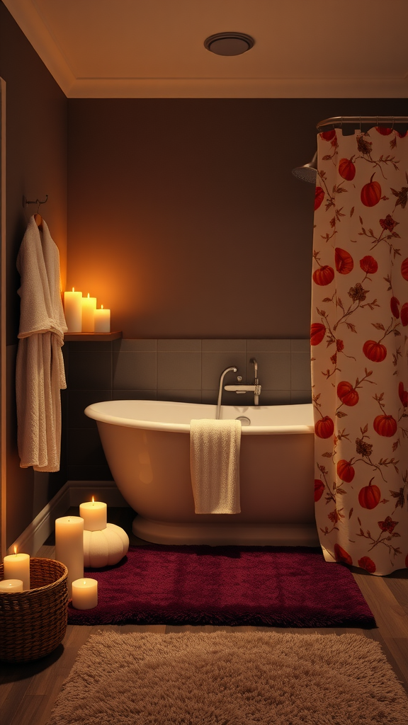 A cozy candlelit bathroom decorated for autumn with a pumpkin-themed shower curtain and candles.