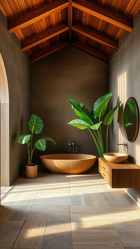 A cozy and earthy bathroom featuring stone bathtubs, wooden beams, and plants.