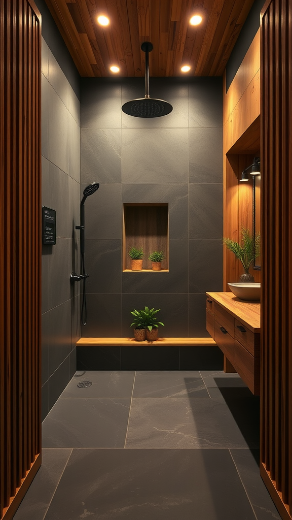 A modern bathroom shower featuring cedar wood accents and stone tiles, with plants for decoration.