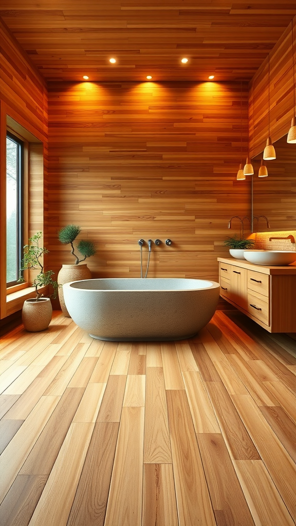 A cozy bathroom featuring cedar wood walls, a freestanding bathtub, and warm lighting.