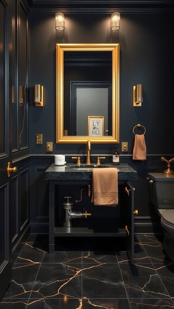 A stylish half bathroom featuring charcoal walls, gold accents, and a black marble countertop.