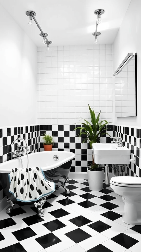 A stylish 70s-inspired bathroom featuring black and white checkerboard tiles, a clawfoot bathtub, chrome fixtures, and a potted plant.