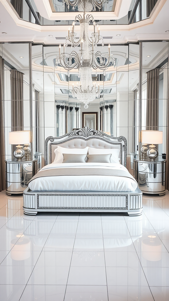 A stylish Art Deco bedroom featuring a mirrored wall, chrome details, an elegant chandelier, and a luxurious bed.