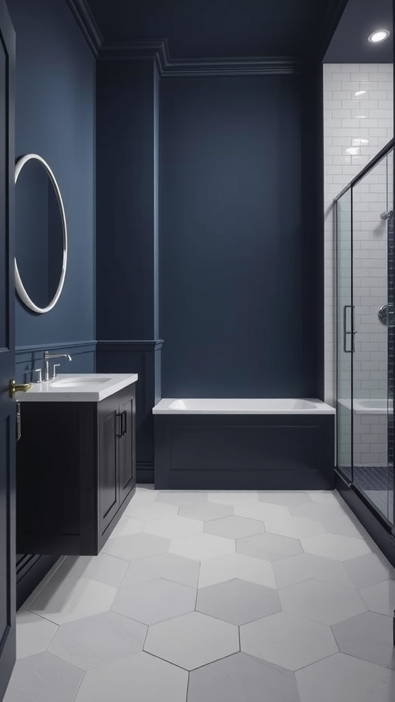 A chic bathroom featuring navy blue walls, white fixtures, and hexagonal tiles.