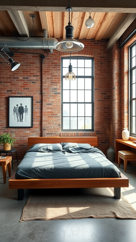 Chic urban rustic bedroom with exposed brick walls and modern wooden bed frame.