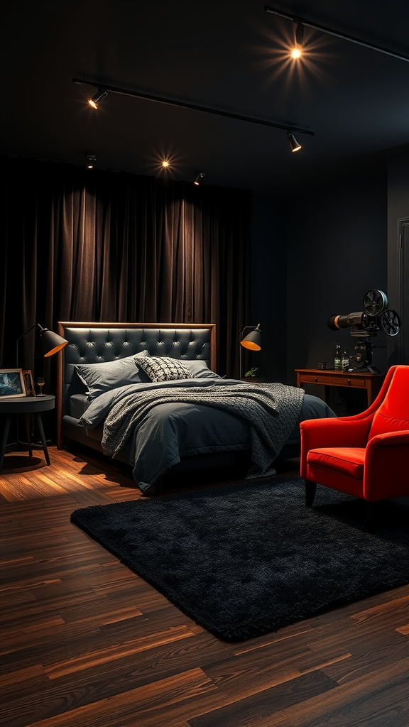 A dark bedroom featuring a plush bed, warm lighting, and a striking red armchair.