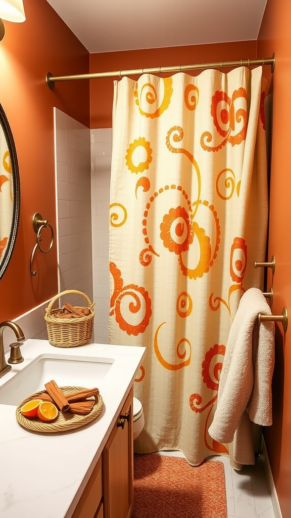 A cozy fall-themed bathroom with orange walls, a colorful shower curtain, and decor featuring cinnamon sticks and oranges.