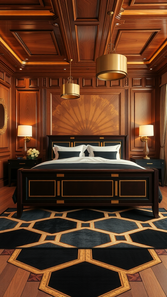 Art Deco bedroom featuring polished wood panels, a dark wood bed, geometric rug, and elegant lighting.