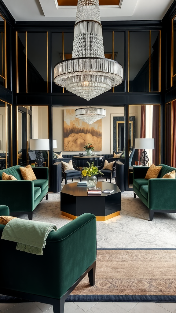 An elegant Art Deco living room featuring rich teal sofas, a chandelier, and a symmetrical layout.