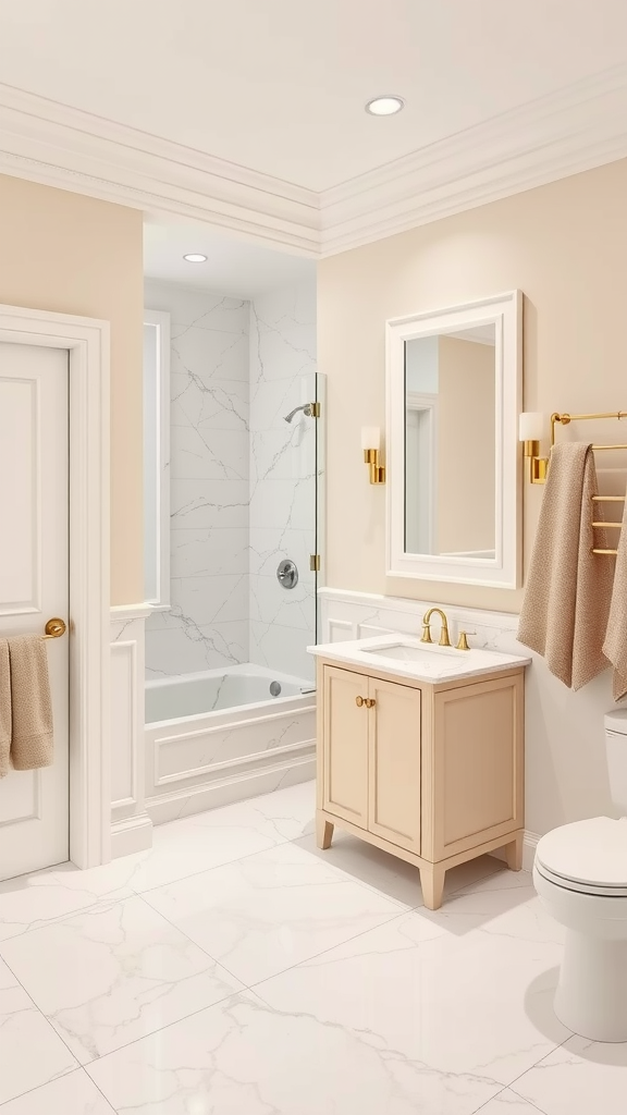 Bathroom featuring beige walls and white marble with gold fixtures