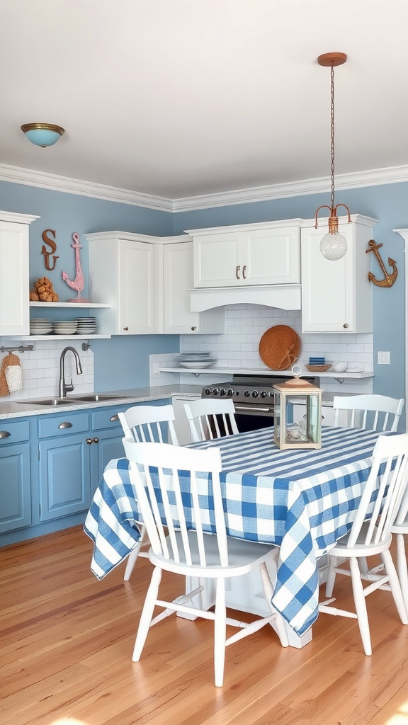 A classic blue and white kitchen with a dining table set for meals, featuring a checkered tablecloth and white chairs.