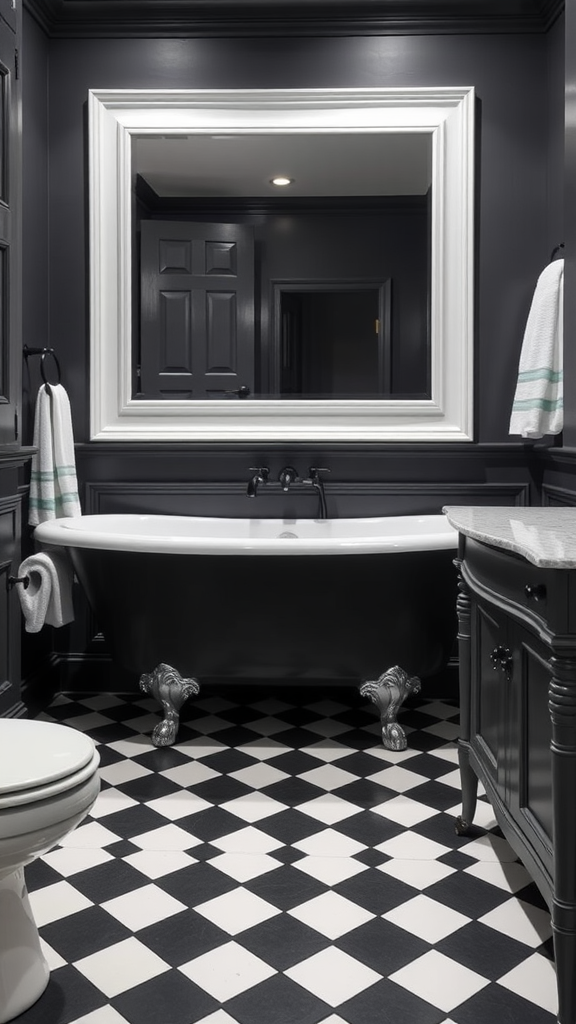 Classic dark grey and white bathroom featuring a clawfoot bathtub, checkerboard floor, and elegant mirror.