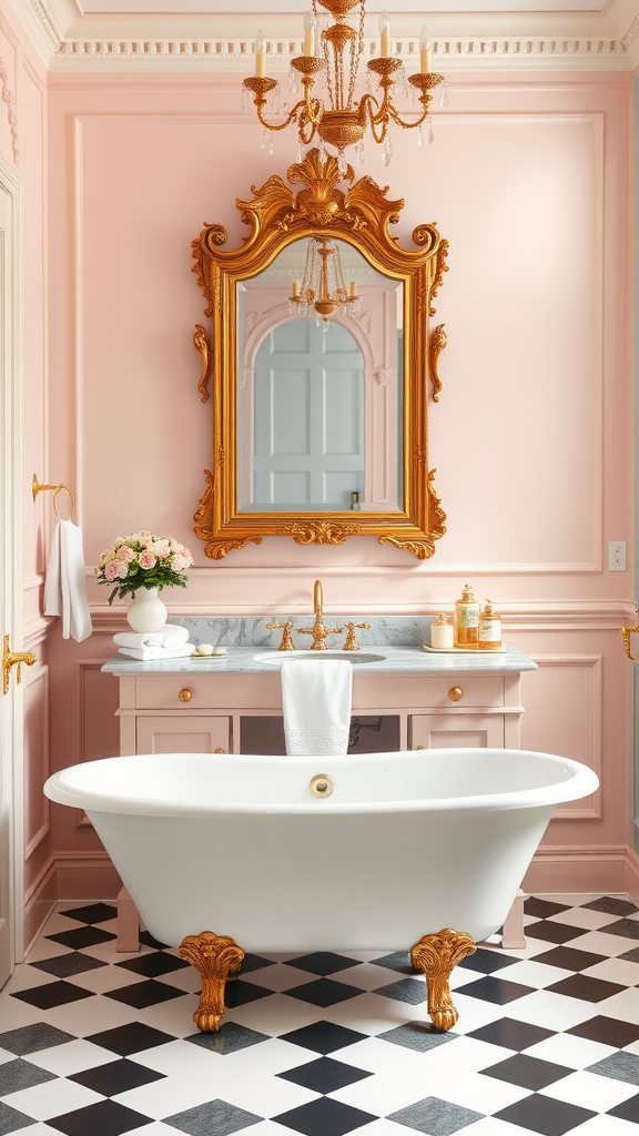 Elegant French bathroom with pink walls, ornate mirror, chandelier, freestanding bathtub, and checkered floor.