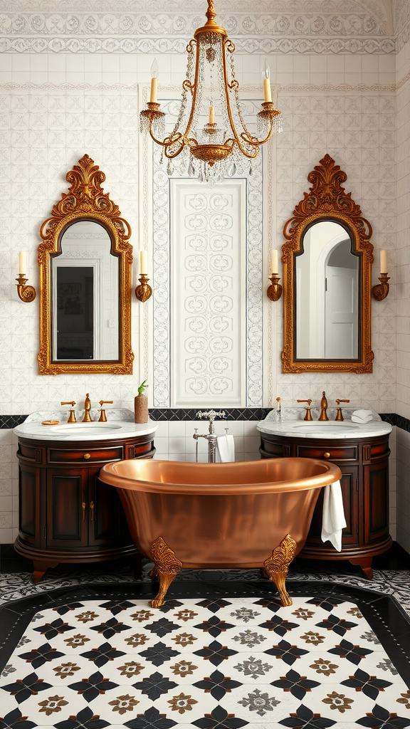 Luxurious Moroccan bathroom with copper bathtub, ornate mirrors, and patterned tile floor.