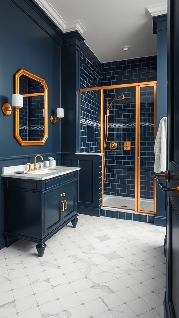 A stylish bathroom with navy walls, gold accents, and a marble floor.