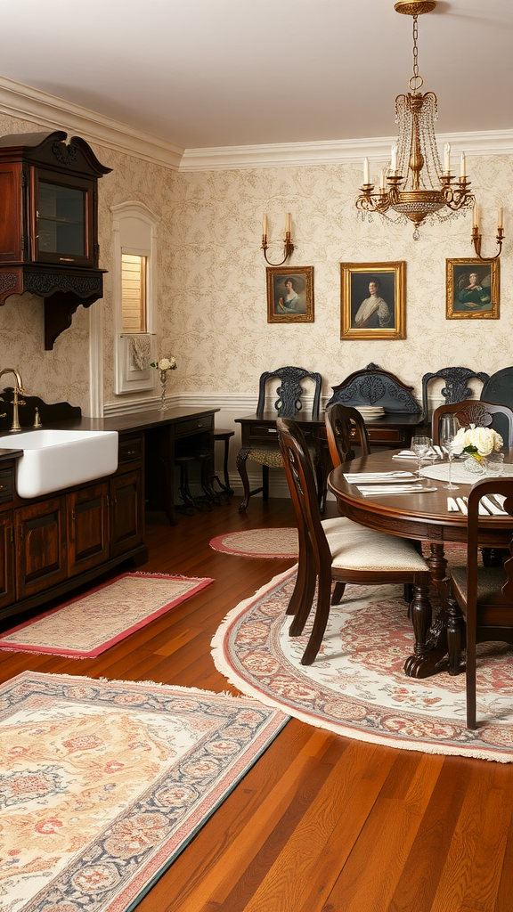 A classic Victorian kitchen and dining room combo featuring dark wood furniture, elegant chairs, and intricate details.