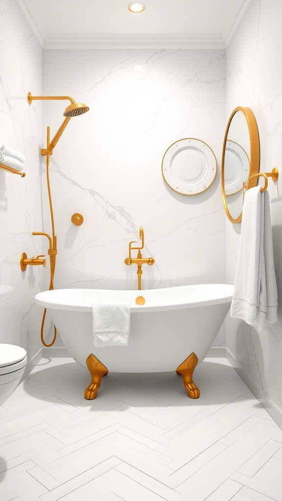 Elegant bathroom featuring white walls, a white bathtub with gold fixtures, and a herringbone floor pattern.