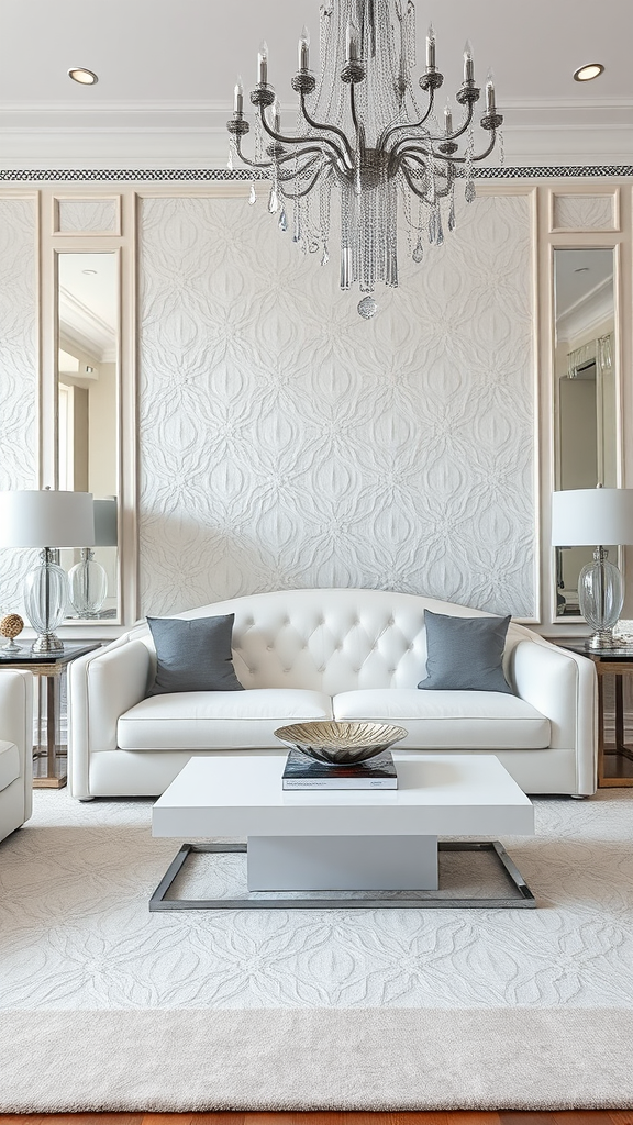 An elegant Art Deco living room featuring a white tufted sofa, silver chandelier, and a stylish coffee table.