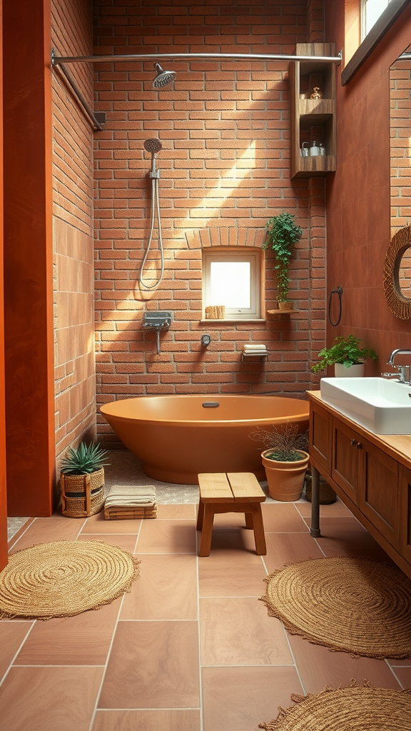 Earthy bathroom featuring terracotta elements, brick walls, and a freestanding bathtub.