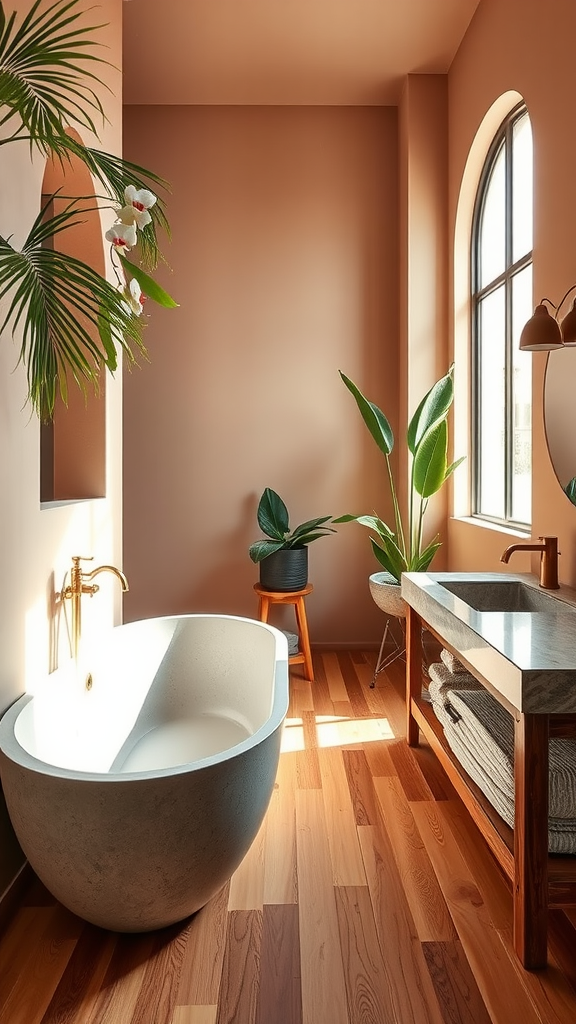 A stylish bathroom featuring a clay tadelakt tub, wooden vanity, plants, and warm earthy colors.