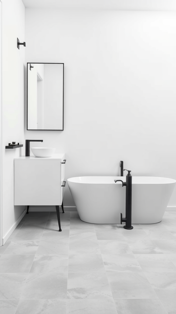 Minimalist bathroom featuring a freestanding bathtub, modern vanity, and black fixtures.