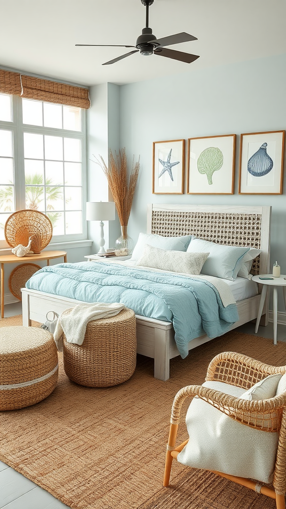 A beautifully styled coastal boho chic bedroom with light blue walls, a woven headboard, rattan chairs, and sea-themed artwork.